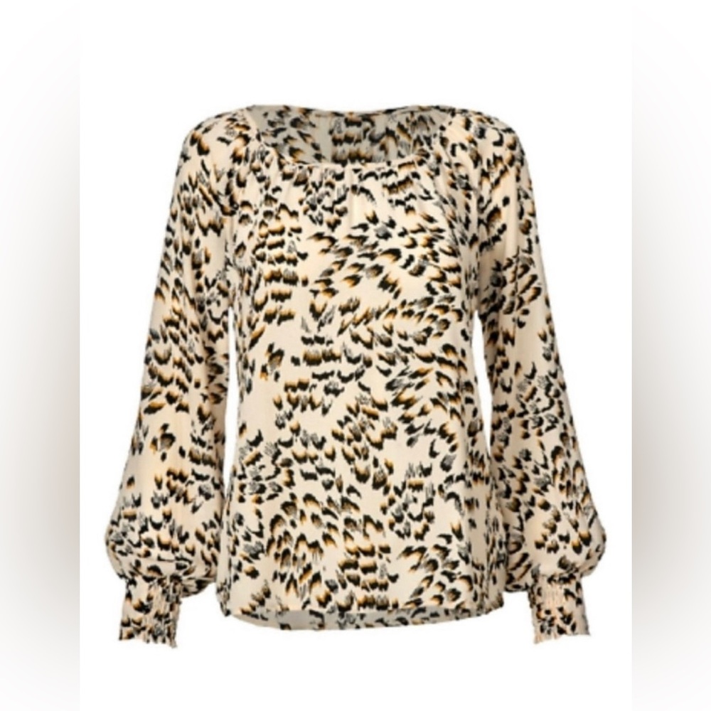 CABI ROUND TRIP SAFARI LEOPARD PRINT CREAM BLACK LONG CUFFED SLEEVE TOP #4335